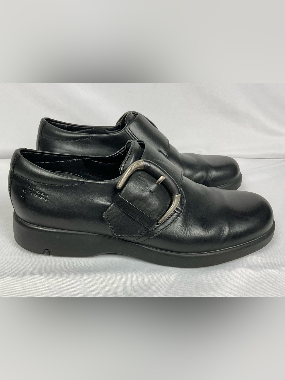 Vintage ECCO Black Leather Loafers Buckle Monk Strap Slip On Comfort Sz 38